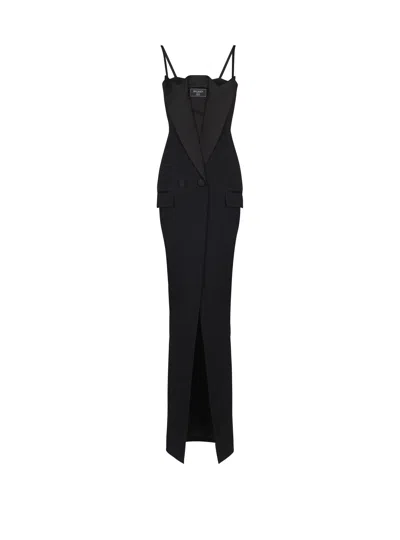 Balmain Long Strappy Grain De Poudre Dress In Black