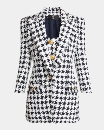 BALMAIN LONG TWEED HOUNDSTOOTH BLAZER
