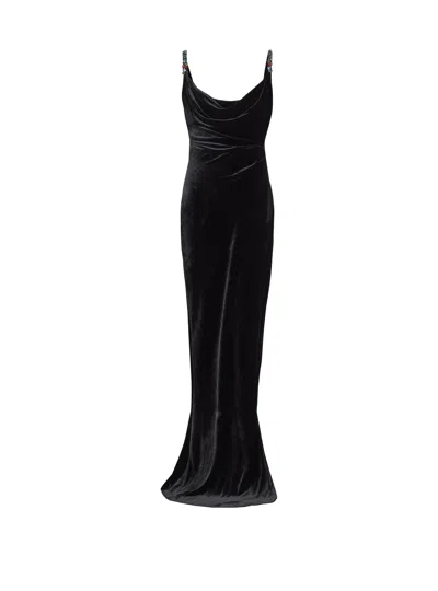 BALMAIN LONG VELVET DRESS WITH EMBELLISHED STRAPS