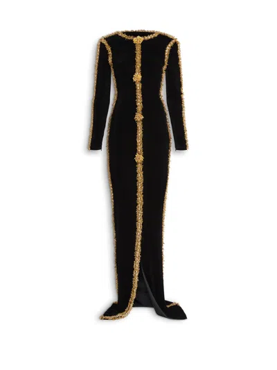 Balmain Long Velvet Dress With Embroidered Trim In Black