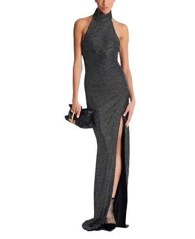 Balmain Long Velvet Halterneck Dress With Rhinestones In Gray