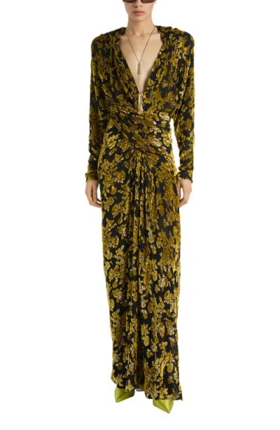 Balmain Long Velvet Jacquard Dress In Brown
