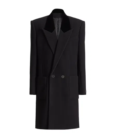 Balmain Long Wool And Velvet Coat In Black