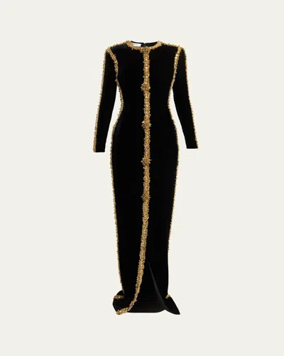 Balmain Long-sleeve Beaded Velvet Maxi Dress In Noir