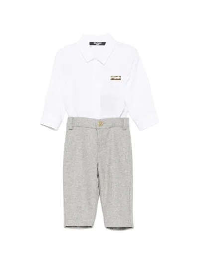 Balmain Long-sleeve Button-down Wool Babygrow Set In White