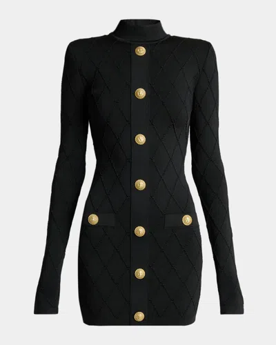 Balmain Long-sleeve Buttoned Knit Mini Dress In Black