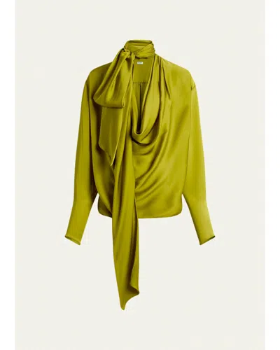 Balmain Long-sleeve Draped Mousseline De Soie Neck-scarf Blouse In Green