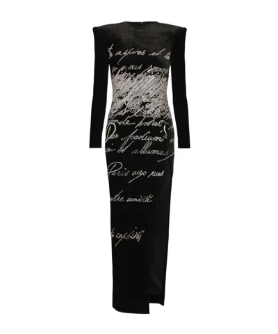 Balmain Long-sleeve Love Letter Embroidered Slit Maxi Dress In Black