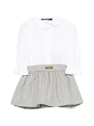 Balmain Babies' Long-sleeve Pleated-skirt Wool Dress In White