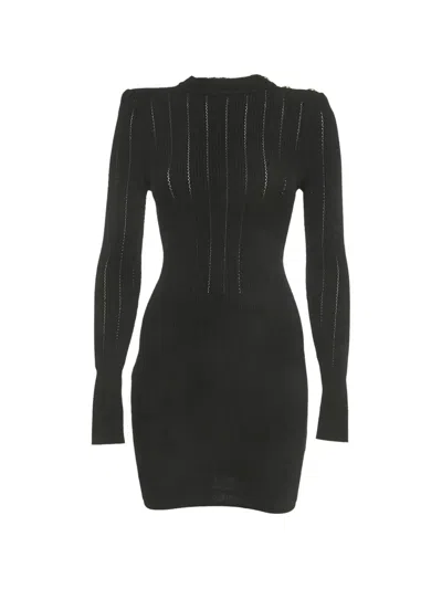 Pre-owned Balmain Long-sleeved Ribbed Mini Dress In Black