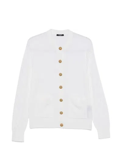 Balmain Wool Cardigan Diamond Sleeves Front Pockets In White