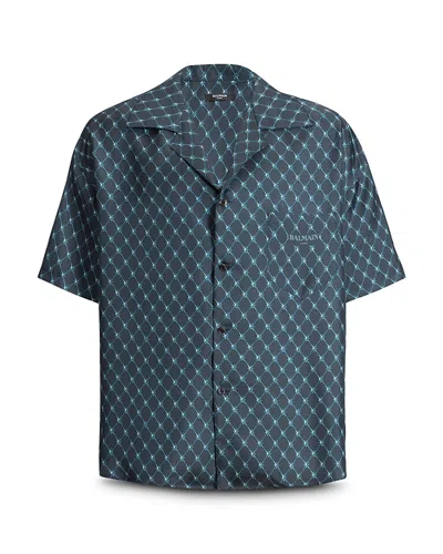Balmain Loose Fit Grid Print Pocket Shirt In Blue
