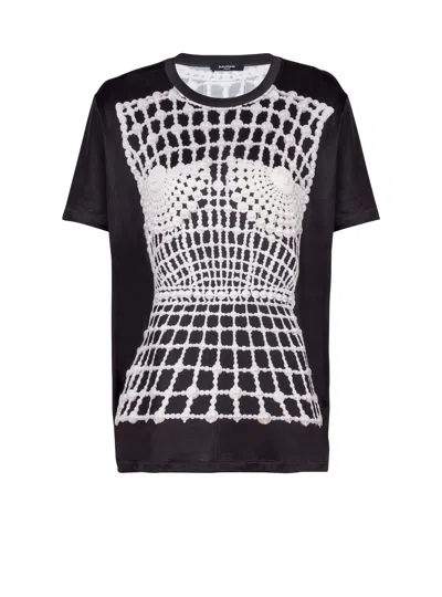 Balmain Loose T-shirt With Faux Embroidery Print In Black