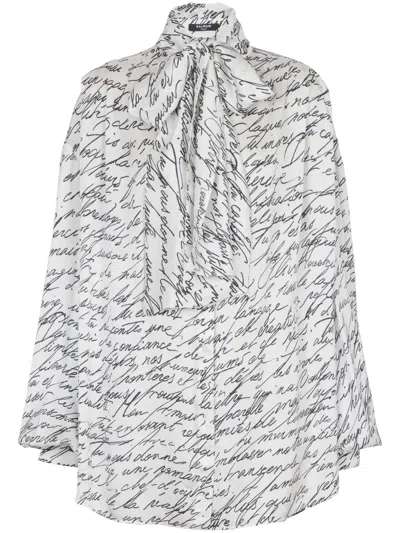 Balmain Love Letter Print Silk Blouse With Bow In Printed