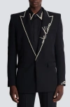 Balmain Love Letter Crystal Piping Wool Grain De Poudre 1-button Jacket In Black