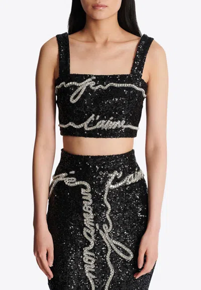 Balmain Love Letter Embroidery Cropped Top In Black