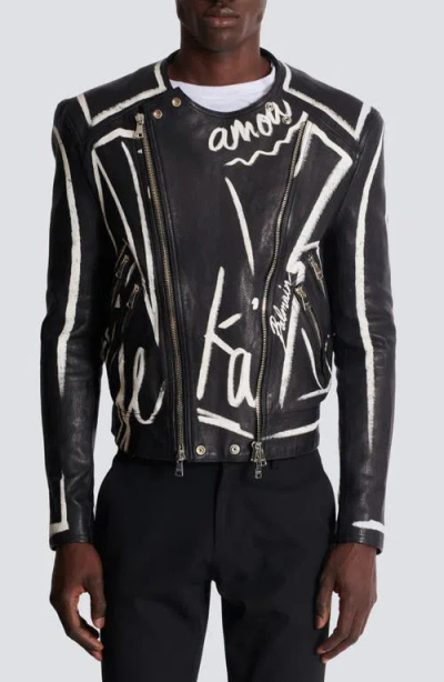 Balmain Love Letter Goatskin Leather Biker Jacket In Eab Black/white