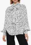 Balmain Love Letter Print Silk Blouse With Bow In White