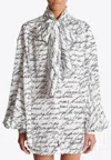 Balmain Love Letter Print Silk Blouse With Bow In White