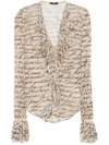 Balmain Love Letter-print Ruffled Blouse In Neutrals