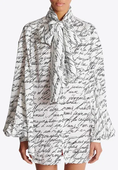 Balmain Love Letter Print Silk Blouse With Bow