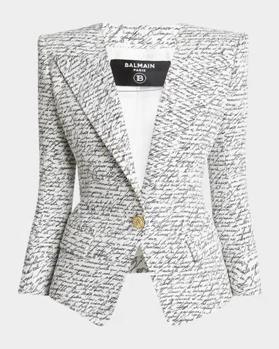 BALMAIN LOVE LETTER-PRINT SINGLE-BREASTED TAILORED JACKET