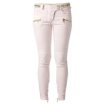 Pre-owned Balmain Low Rise Lace Chains Biker Jeans In Sand