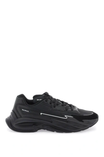Balmain Black Run-row Leather Sneakers In 0pa Noir