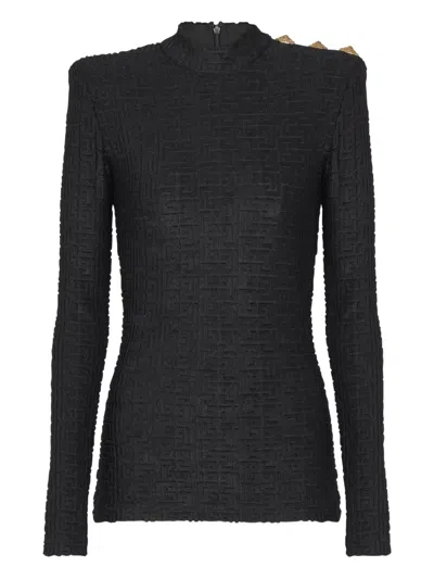 Balmain Ls Bouclette Monogram-pattern Button Top In Black