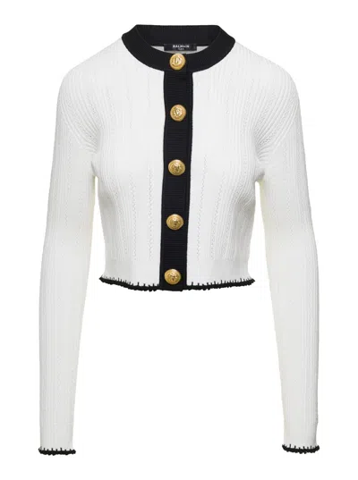 Balmain Ls Buttoned Round Neck Knit Cardigan In White/black