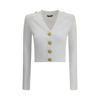 Balmain V-neck Cable Knit Cardigan With Gold-tone Buttons In White
