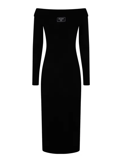 BALMAIN LS DOUBLE COLLAR KNIT ZIPPED MIDI DRESS