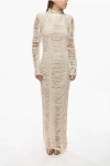 Balmain Ls Macrame Knit Long Dress In Neutral