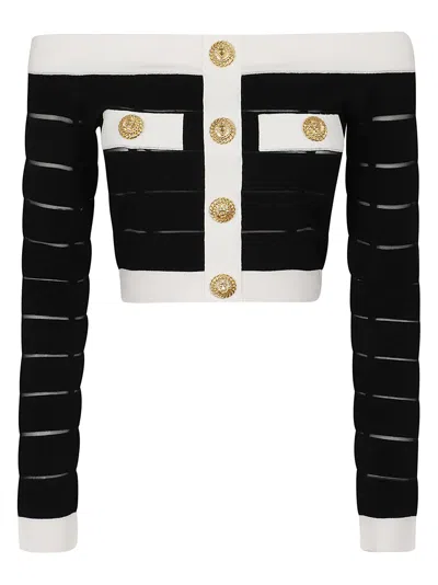 Balmain Knit Crop Top With Off Shoulder Design In Black