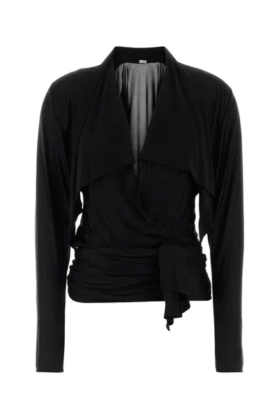 Balmain Ls Open Neck Draped Viscose Jersey Top In Black