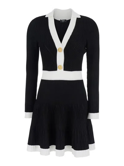 BALMAIN LS V-NECK TORSADE FLARE KNIT DRESS