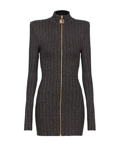 Balmain Lurex-knit Zipped Minidress In Black