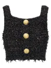 Balmain Lurex-thread Tweed Crop Top With Fringed Detail In Black