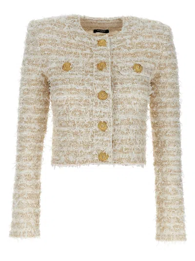 Balmain Cropped Tweed Jacket In Neutral