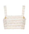 Balmain Cropped Button-embellished Metallic Bouclé-tweed Top In White