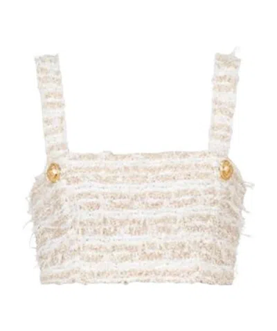 Balmain Cropped Button-embellished Metallic Bouclé-tweed Top In Beige