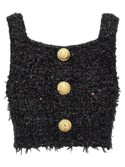 Balmain Cropped Top In Tweed Fabric In Black