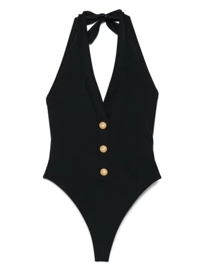 Balmain V-neck Button Detail Swimsuit In Black