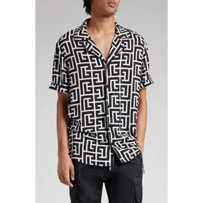 Balmain Macro Monogram Short Sleeve Pajama Shirt In Gray