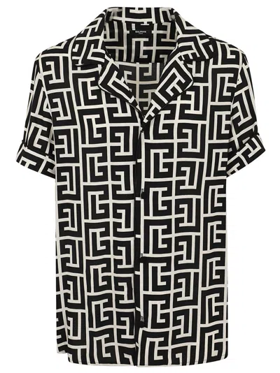 Balmain Short-sleeved Monogrammed Shirt Man Shirt Black Size 46 Viscose