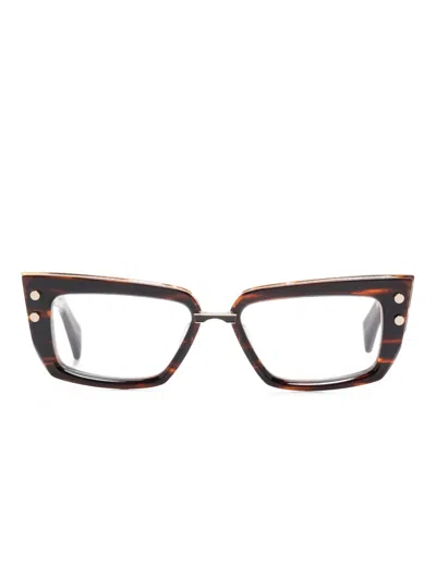 Balmain Madame Gold-detail Rectangle Glasses In Brown