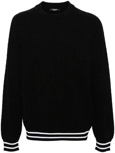 Balmain Merino Wool Sweater With Stripe Detail And Jacquard Pattern In Black