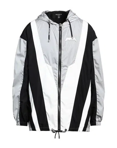 Balmain Color Block Patterned Multicuts Nylon Windbreaker In Grey