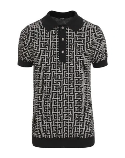 Balmain Wool And Linen Polo Shirt With Monogram Motif In Black