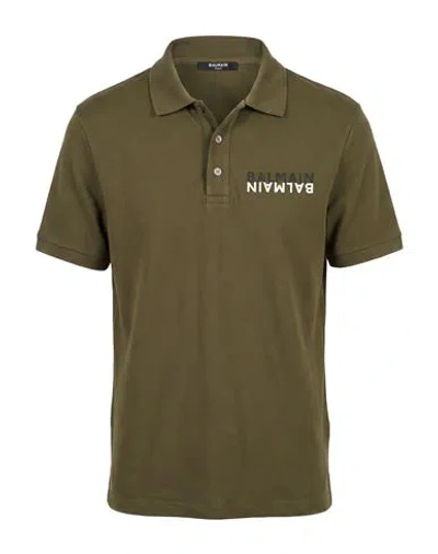 Balmain Man Polo Shirt Military Green Size Xl Cotton, Elastane